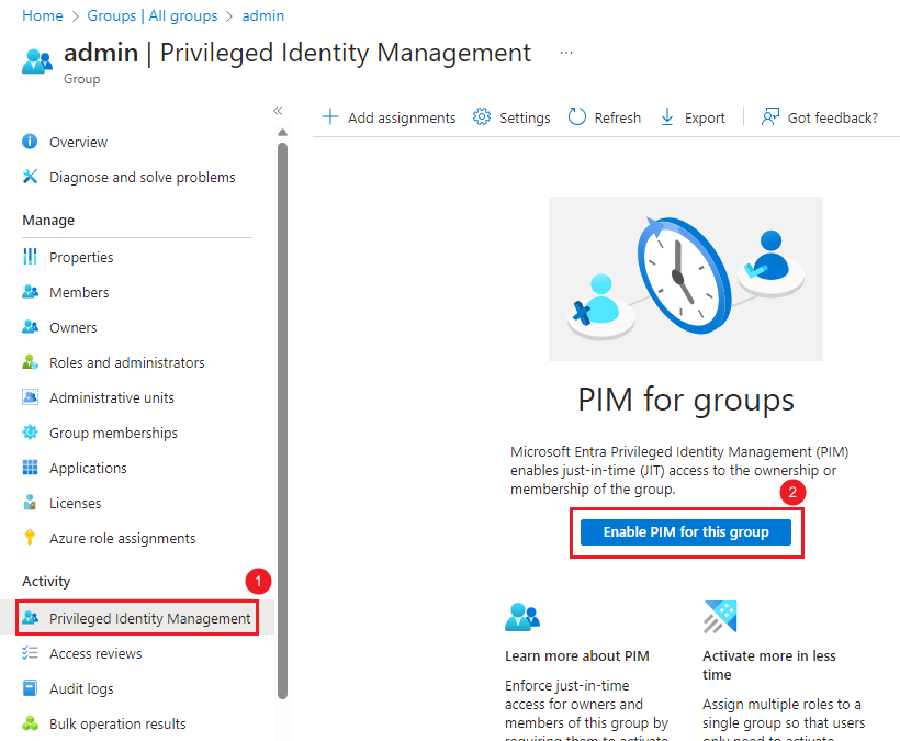 Enable PIM for the group admin.