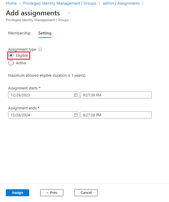 Settings of assignment for group.