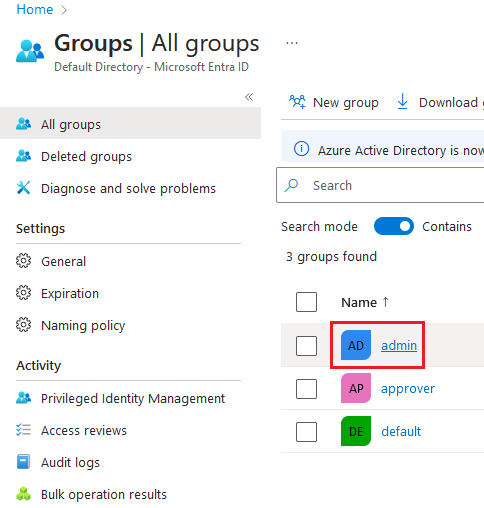 Screenshot of going inside of admin group in Azure portal.